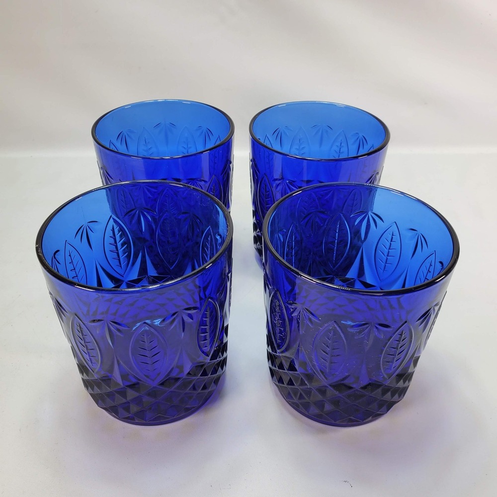 Arcoroc Avon Tumbler Glasses Cobalt Blue Vintage Leaf Diamond Set of 4 France